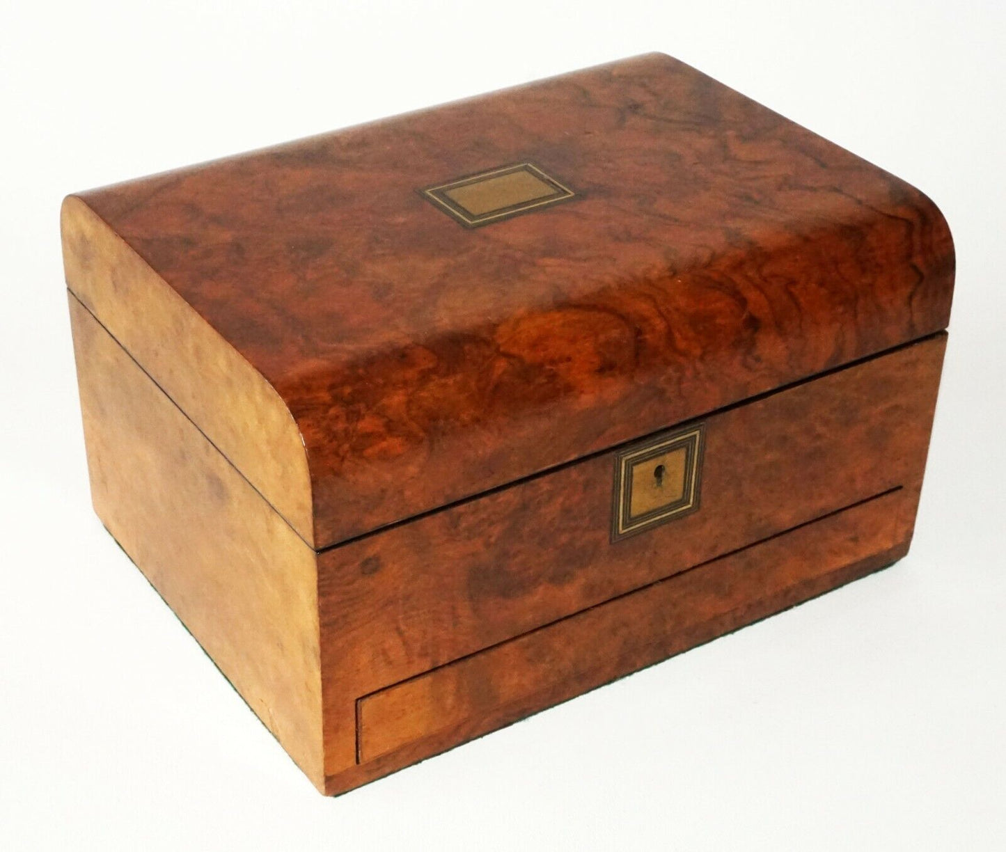 19C Irish Burl Hardwood Hinged Top Vanity Personal Chest w. Crystal Bottles(FLA)
