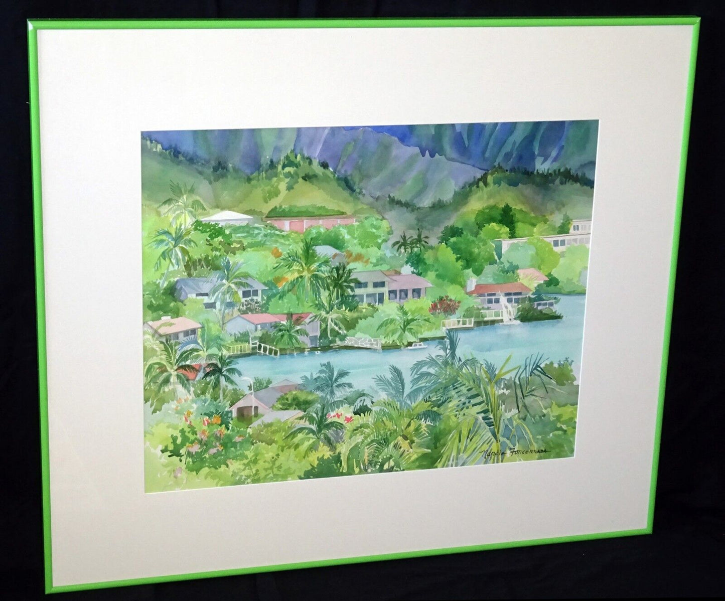 1990s Hawaii WC Painting "Windward Oahu Bay View" by Nancy Foncerrada (MoJ)