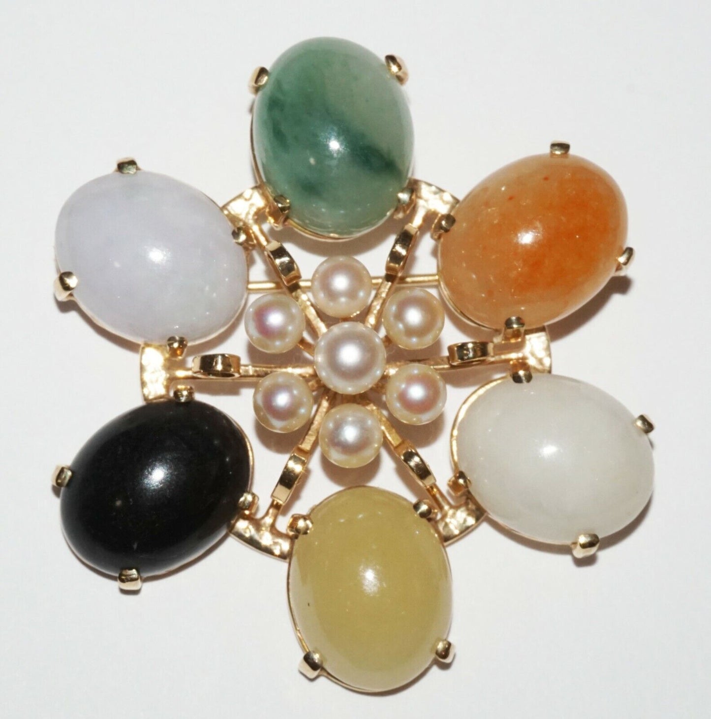 Chinese 14k Yellow Gold Brooch 5+1x Multicolor Jades & 7x Pearls Ming's (NaD)#6a