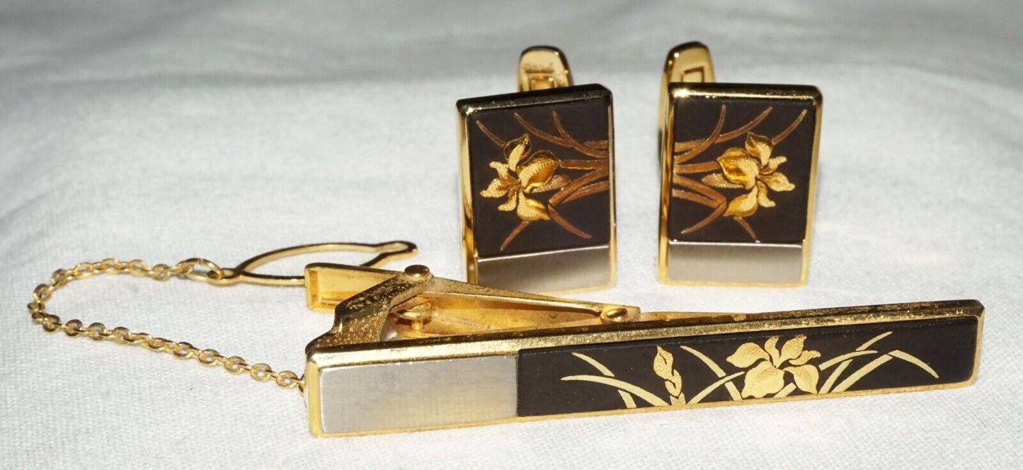 3Pc Japanese 18k Gold Plated Tie Clasp & Cufflinks w. Lacquer Flower Motif (OdC)