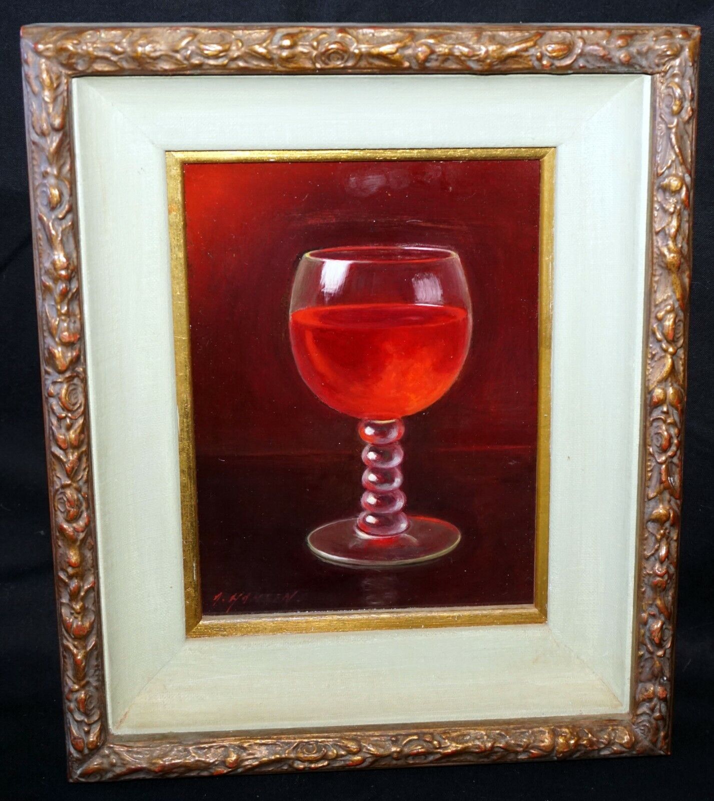 Vintage US Framed Oil Still Life Painting Wine Glass by A. Hansen (FeO)