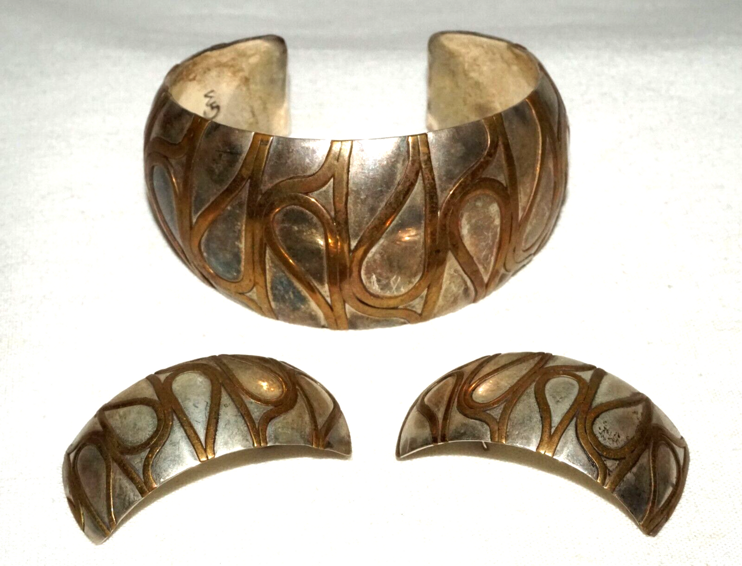 3Pc Vintage Silver & Brass Curvilinear Motif Cuff Bracelet & Earring by GM (KiL)