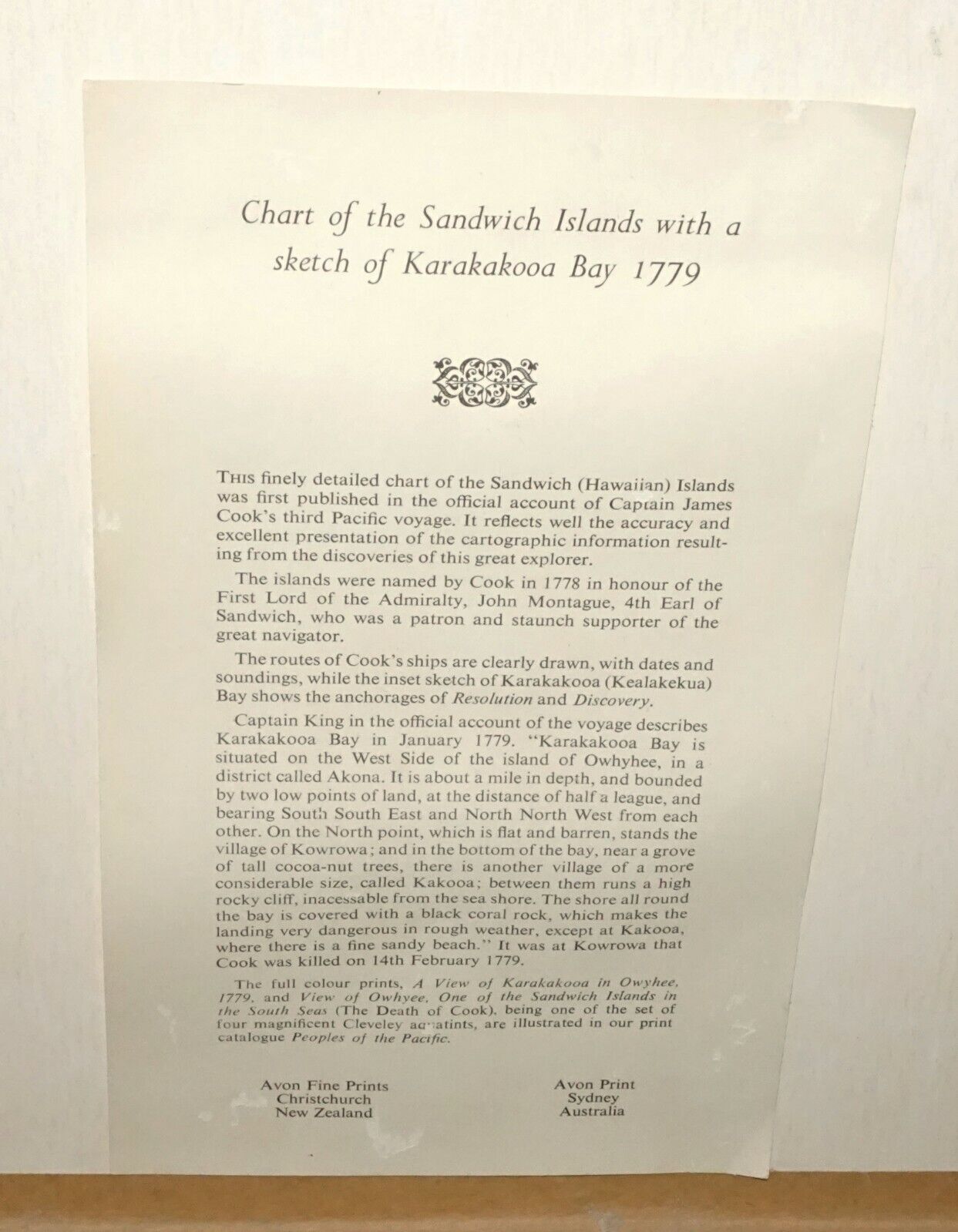 71 English Hawaii Koa Framed Repro Print 305/500 Chart of Sandwich Islands (***)