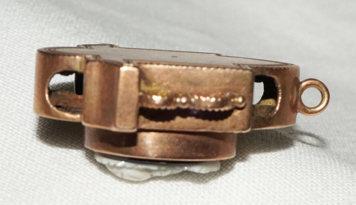 Antique Rose Gold & Black Enamel Slide Pendant w Shell Cameo Soldier Motif (AHB)