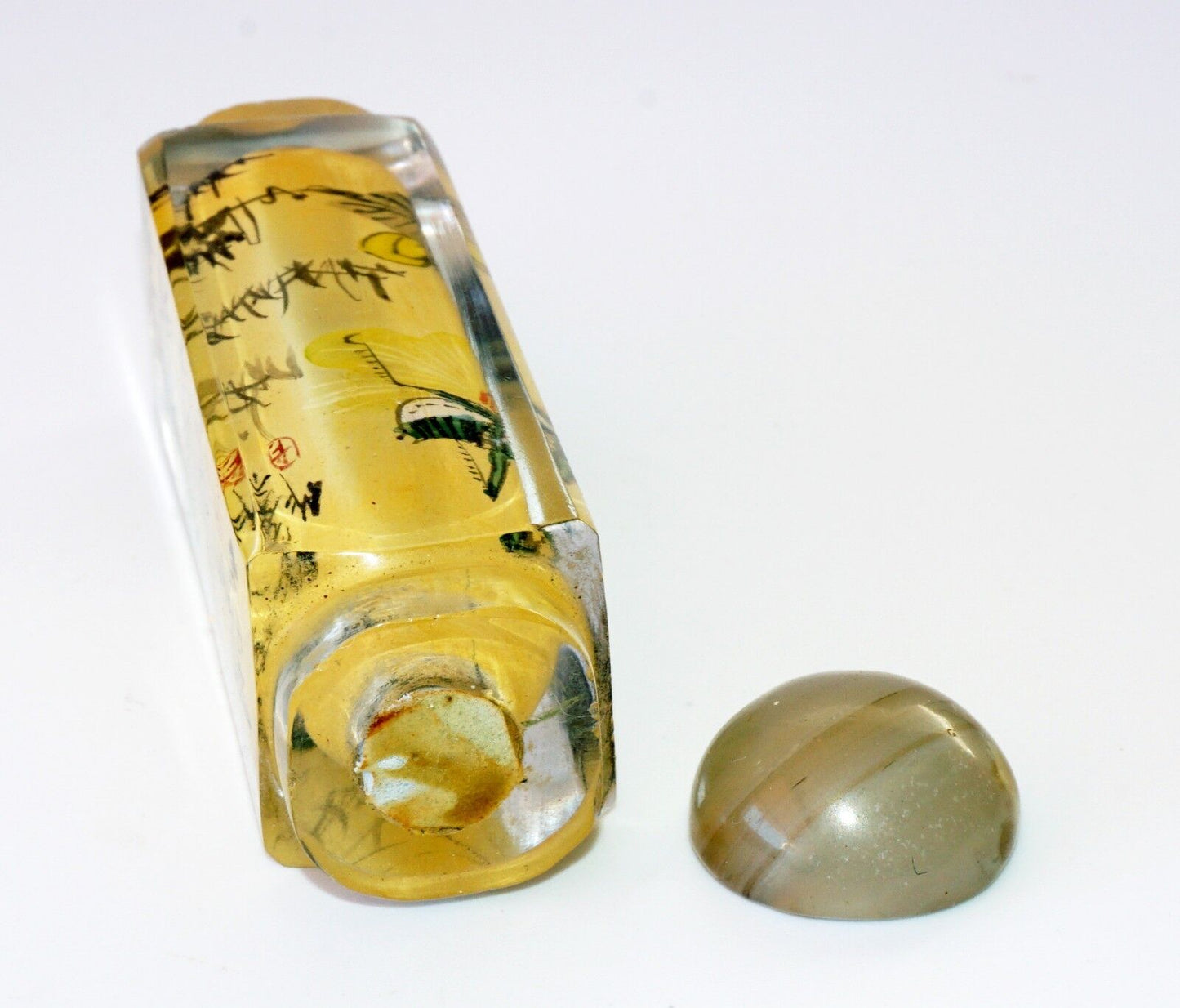 20C Chinese Square Inside Painted Glass Snuff Bottle w. Hard-stone Stop (Pal)