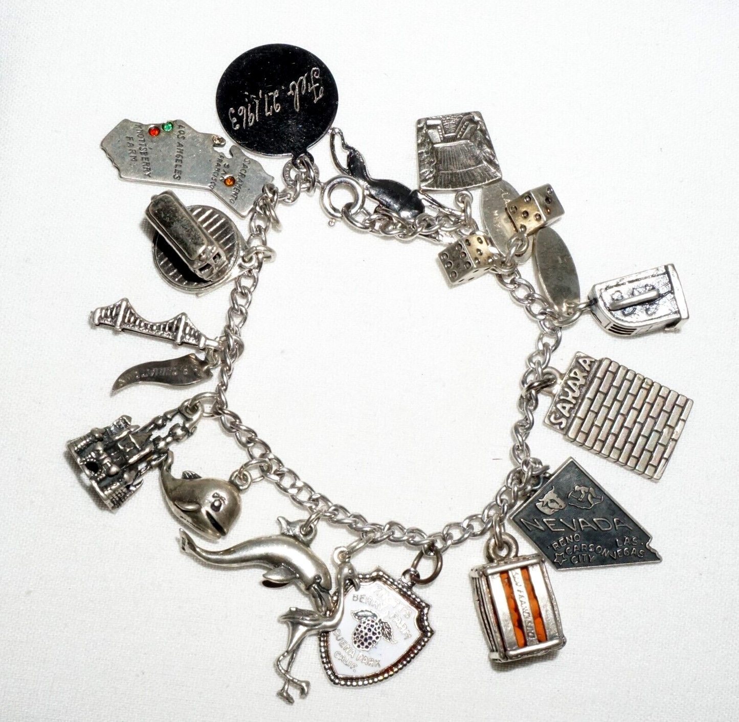 Vintage Sterling Silver Charm Bracelet w. 16x Travel & City Charms (BrM)#6