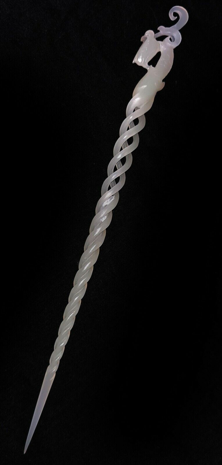 Vintage Chinese Pierced Spiral White Jade Hairpin Extremely Fine Carved (AHB)