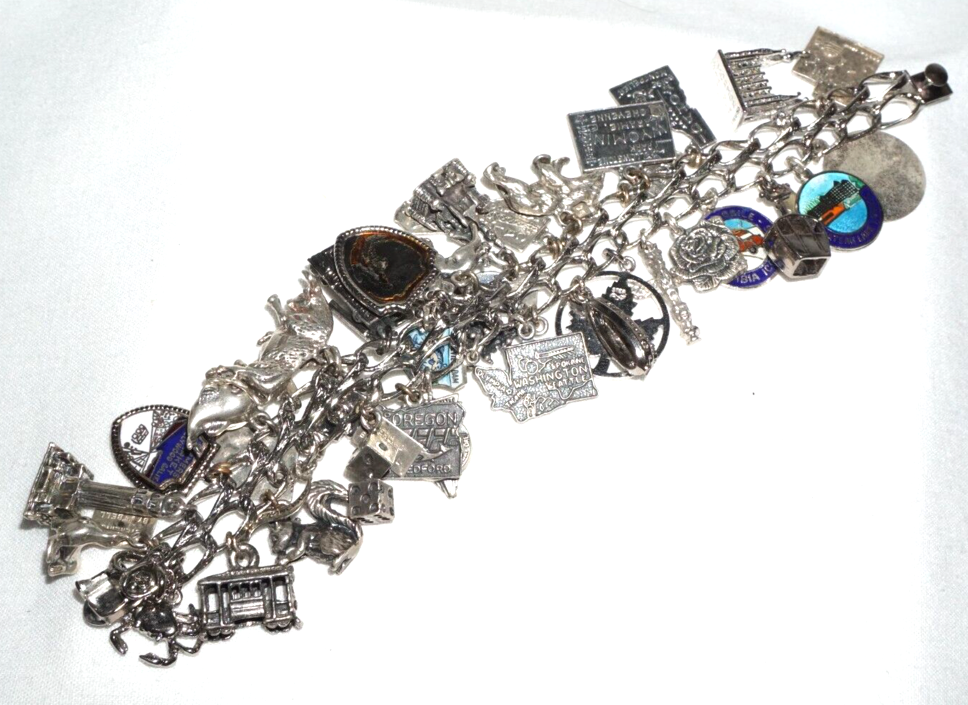 Vintage Sterling Silver Charm Bracelet w. 40x Travel & US State Charms (BrM)#6