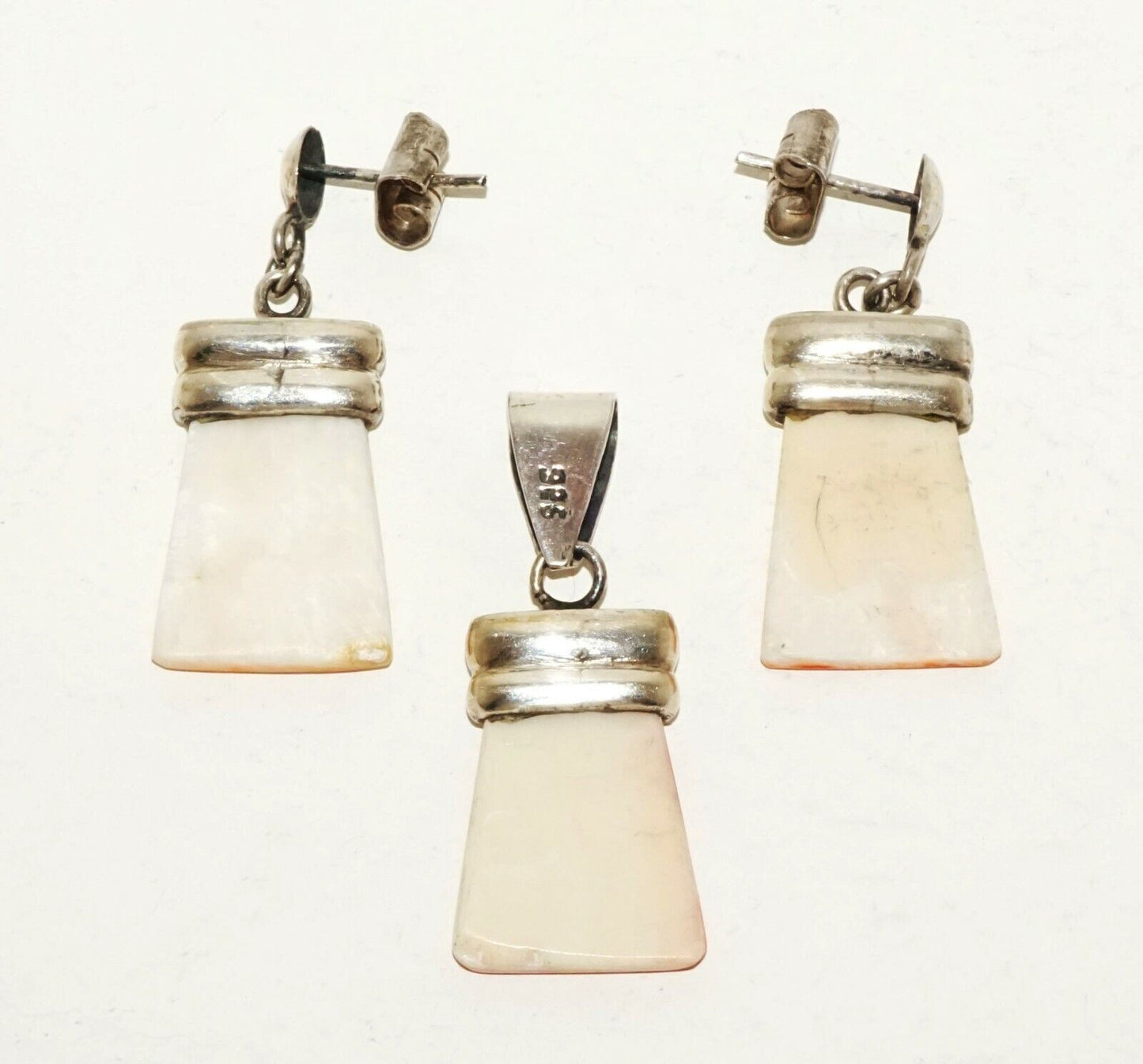 3Pc South Sea Sterling Silver Earrings & Pendant w. Pink Shell Accents (LeP)#19