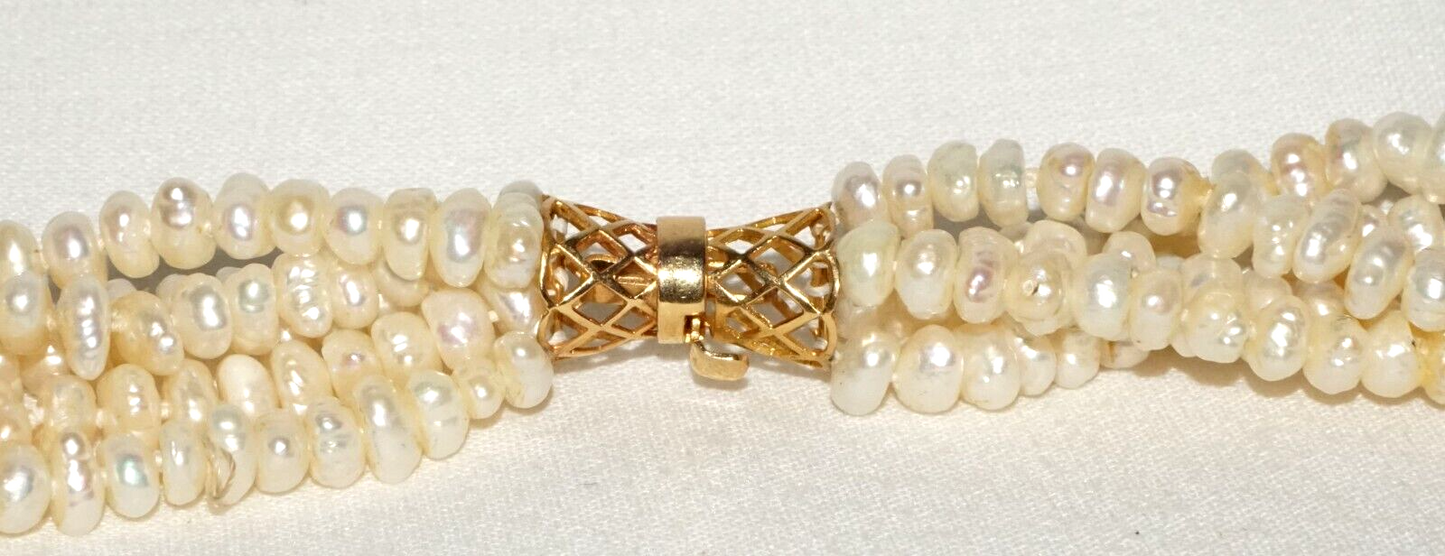 Vtg. 5x Strand Mini Baroque Pearl Necklace w. 14k Yellow Gold Clasp (GoB) #19