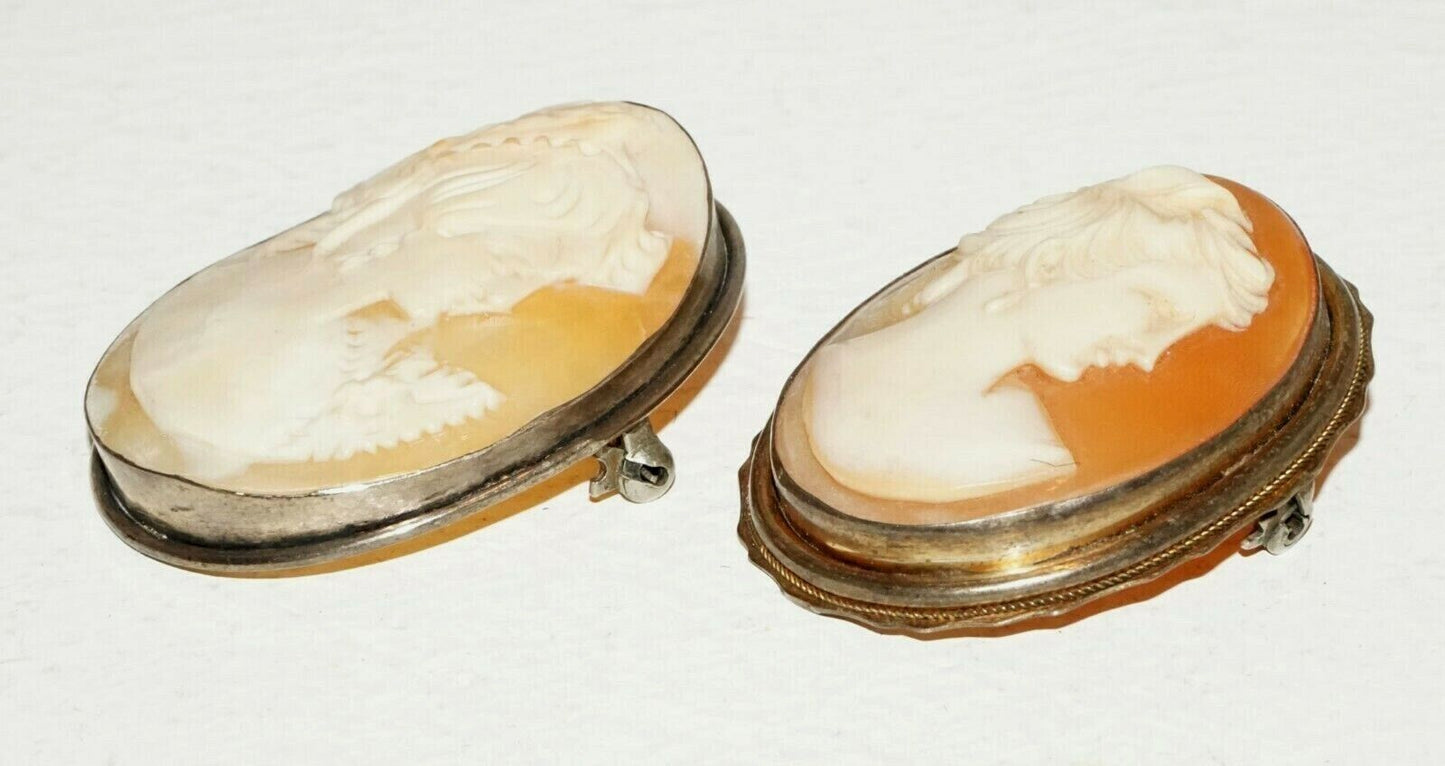 2Pc Italian 800 Silver Shell Cameo's Brooch Pendant w Female Bust Motif (HaY)#7