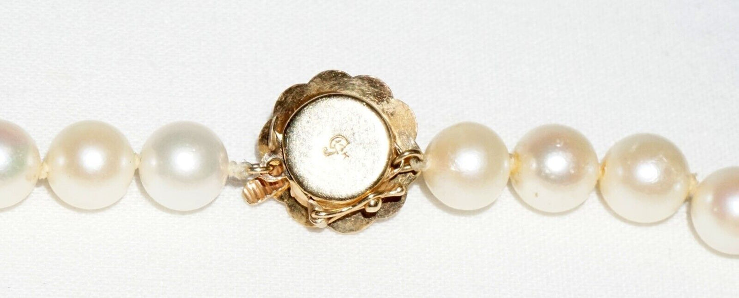 Vintage Single Strand Pearl Necklace 31" w 14k Yellow Gold Flower Clasp (BiB)