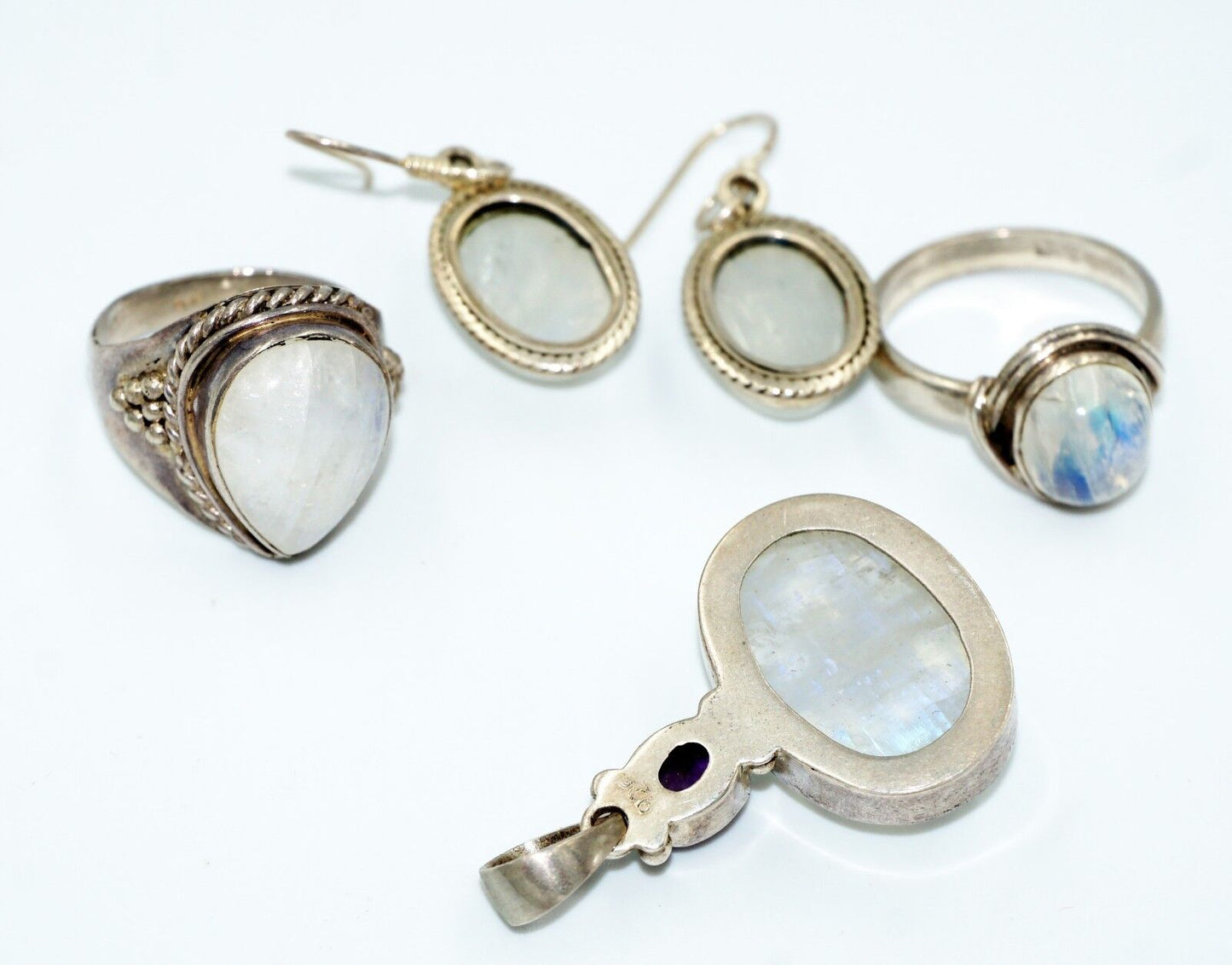 5Pc Sterling Silver & Moonstone Rings Sz.8, Pendant & Earring Mixed Group (Tra)