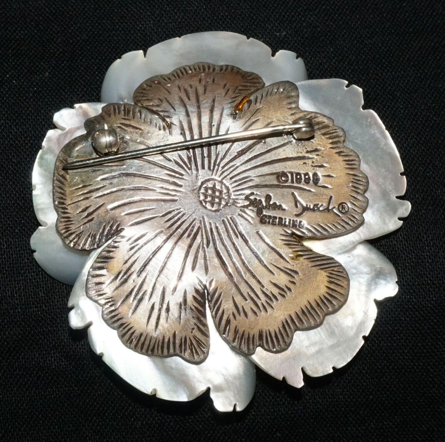Vintage Sterling Silver Mother of Pearl Flower Motif Brooch Stephen Dweck (PaS)