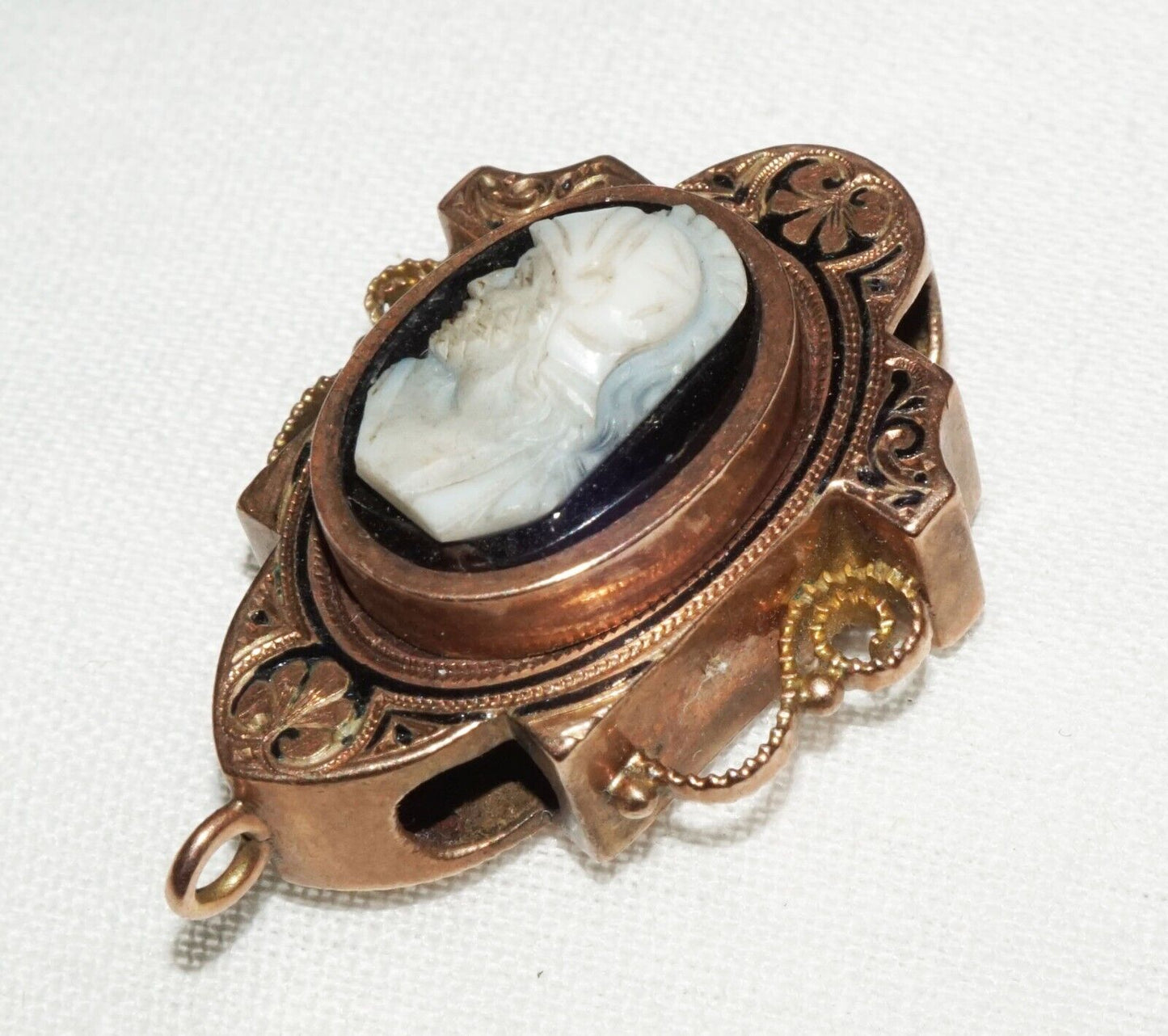 Antique Rose Gold & Black Enamel Slide Pendant w Shell Cameo Soldier Motif (AHB)