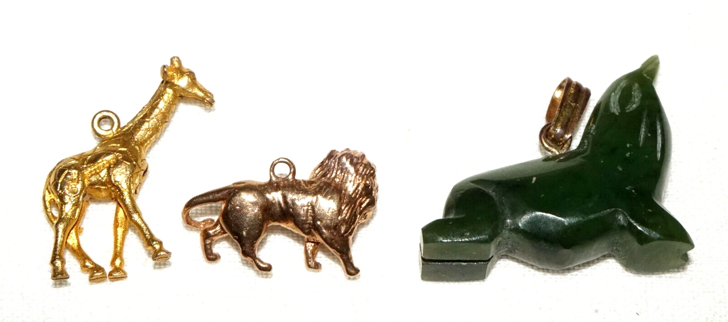 3Pc US UK 9k/14k Gold & Jade Animal Charms Giraffe, Lion, Sea Lion (KoS) L23