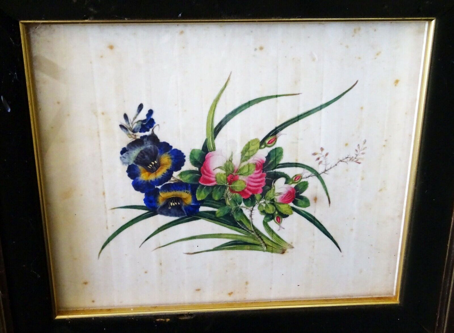 2Pc 19C Chinese Framed Export Floral Color Pith Painting Lot (AHB)