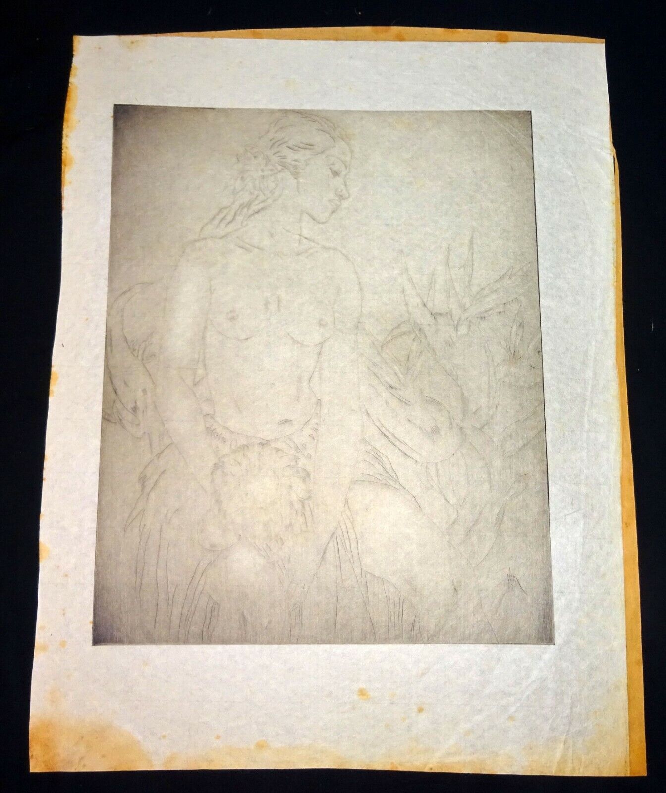 20s Hawaii Etching Print White Uli Uli Female Nude by John Melville Kelly (Kel)