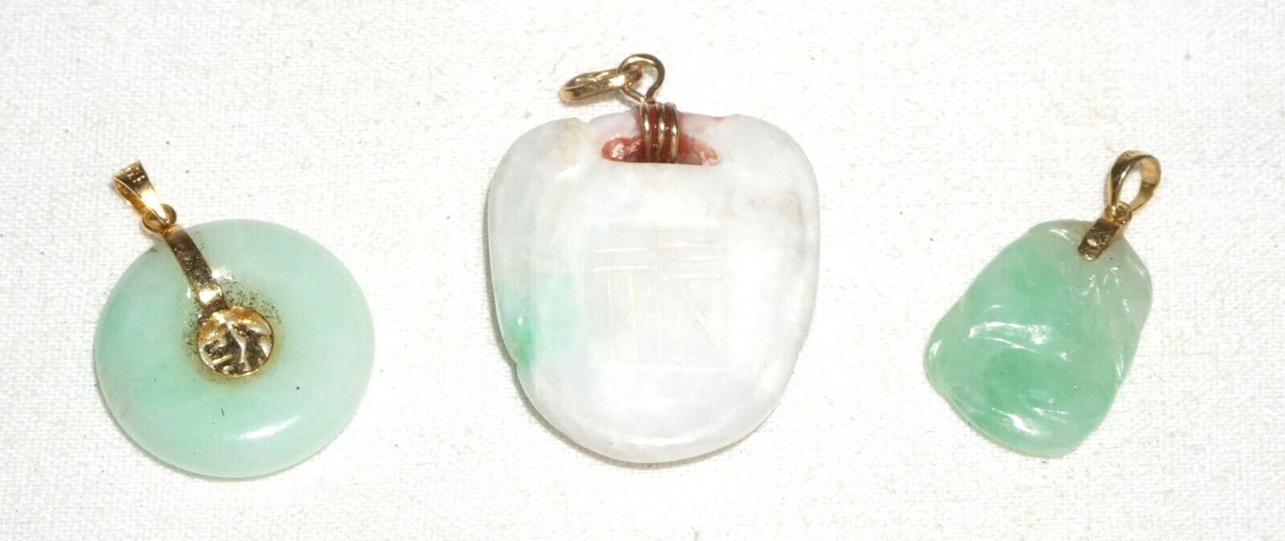 3Pc Vintage Chinese Miniature Jadeite Jade Carved Pendants Lot (***)