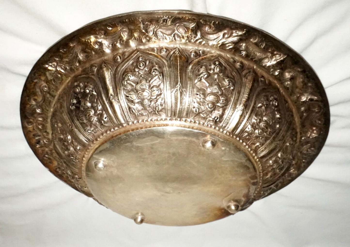Vintage South East Asian Silver Alloy Deep Dish w. Relief Motifs & Marks (UVi)#7