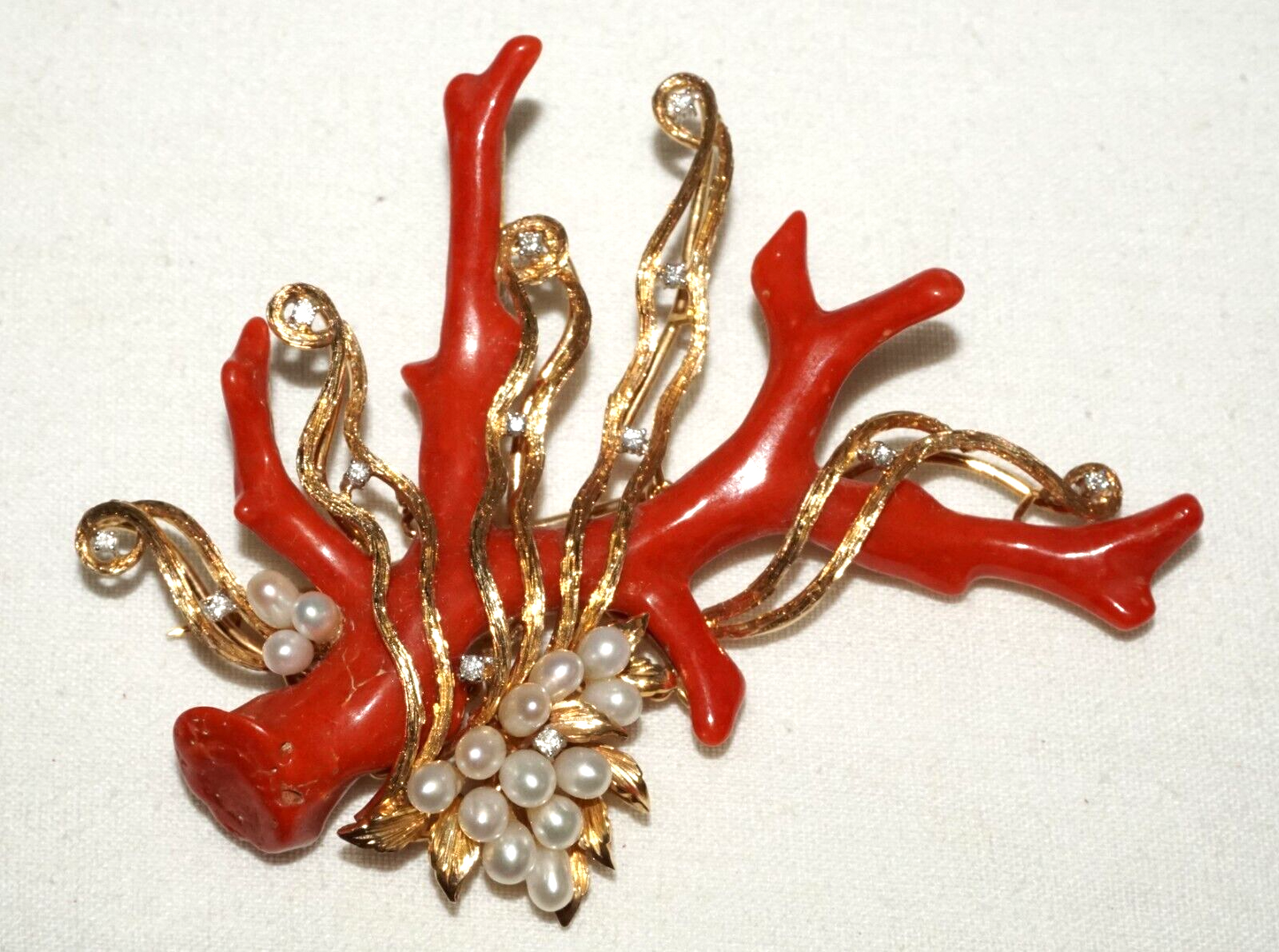 Vintage HK 14K Yellow Gold Brooch Pendant w Coral Branch Pearls & Diamonds (PaS)