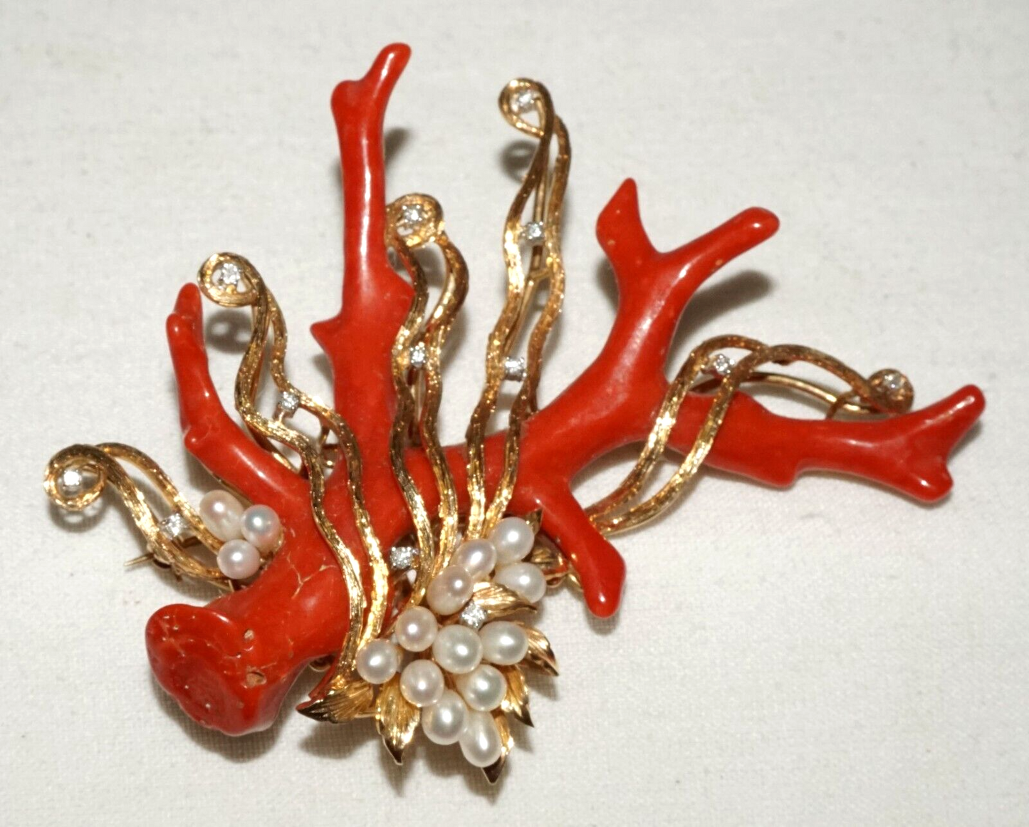 Vintage HK 14K Yellow Gold Brooch Pendant w Coral Branch Pearls & Diamonds (PaS)