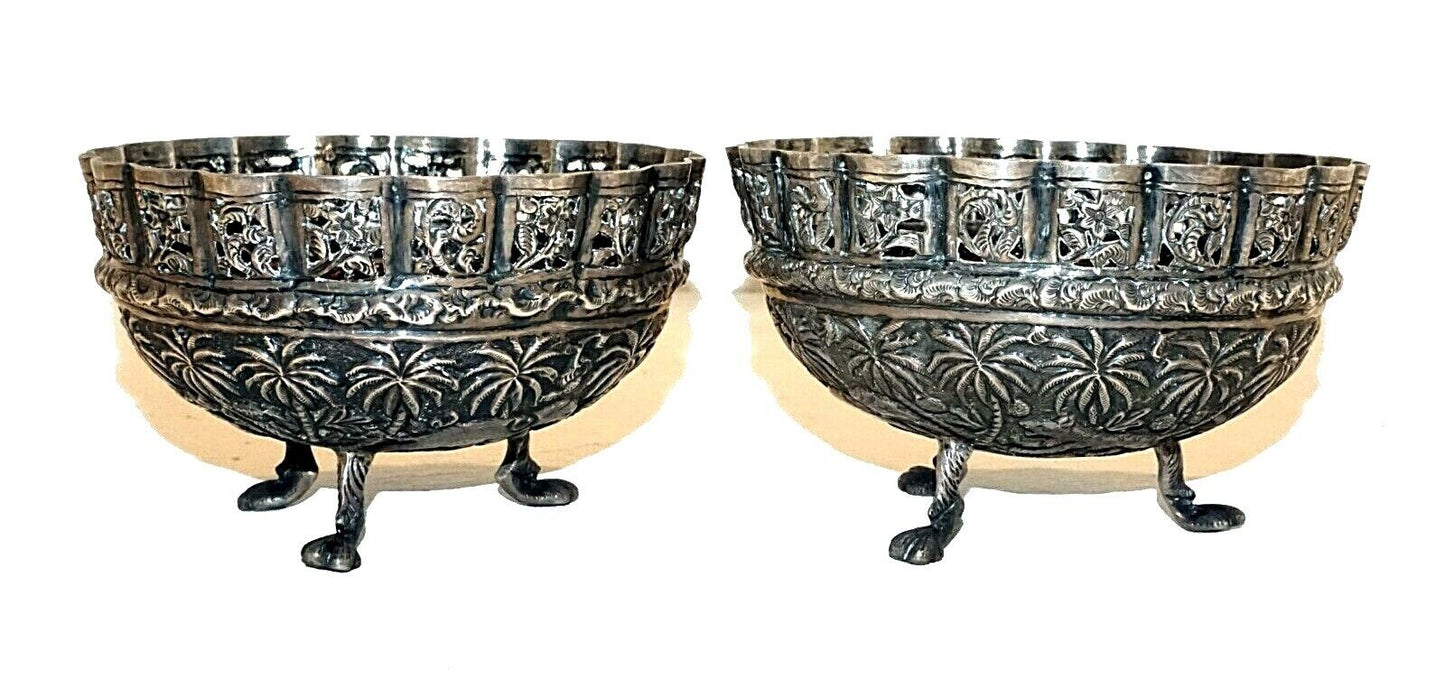 Pair Vintage Indian Pure Silver Tripod Pierced Jungle & Animal Motif Bowls (ThB)