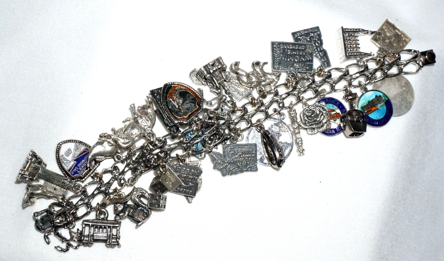 Vintage Sterling Silver Charm Bracelet w. 40x Travel & US State Charms (BrM)#6