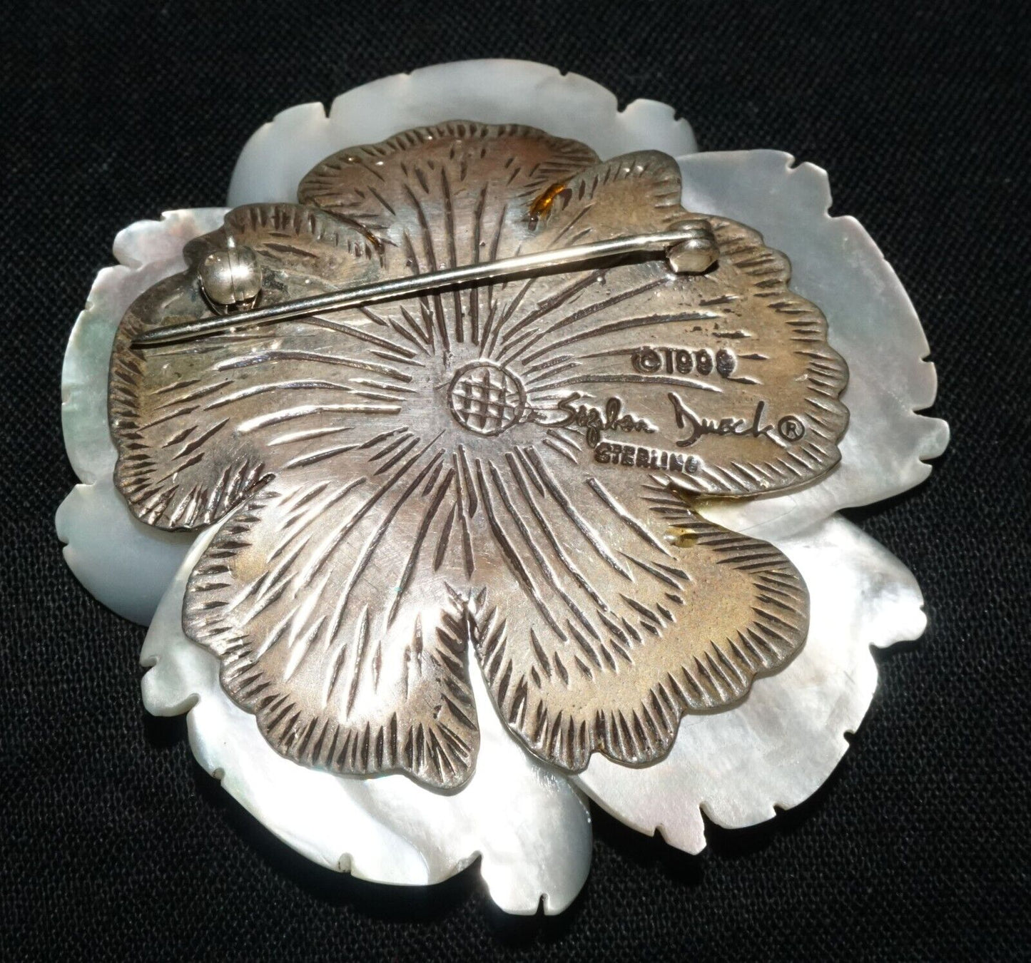 Vintage Sterling Silver Mother of Pearl Flower Motif Brooch Stephen Dweck (PaS)