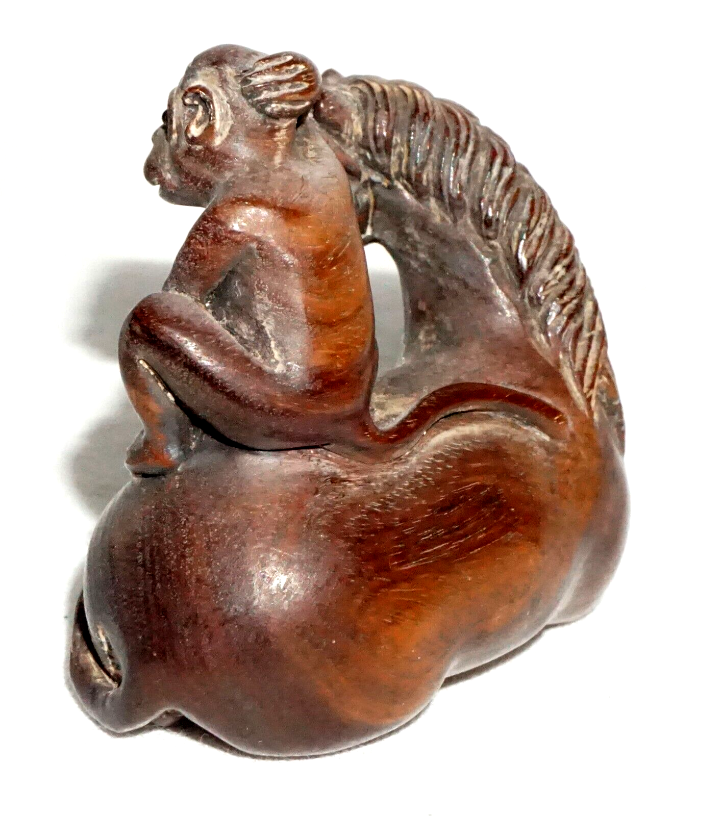 Vintage Japanese Carved Wooden Netsuke Monkey Seated on a Horse signed (FeH