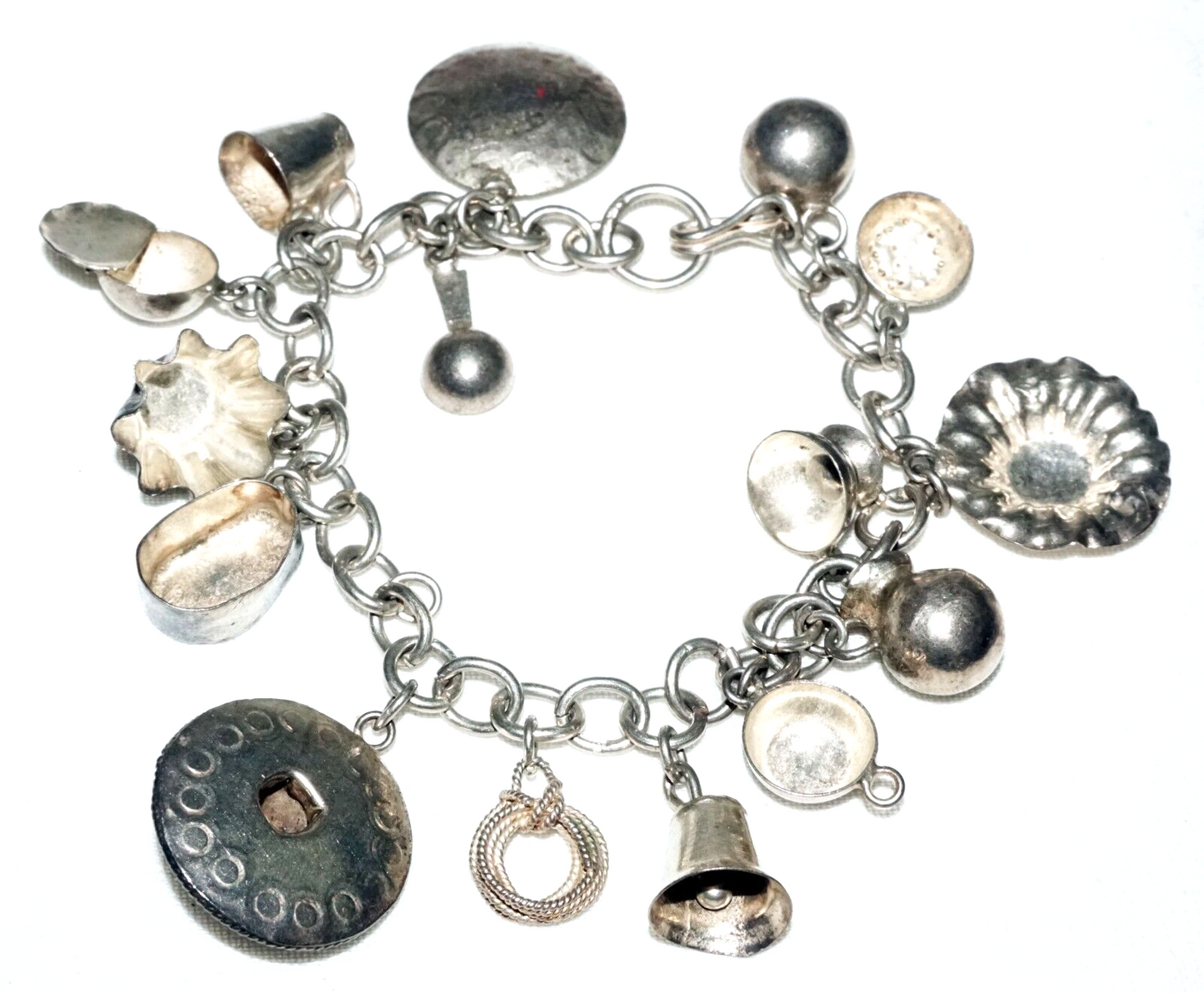 Vintage Mexican Sterling Silver Bracelet w. 15x Kitchen Motifs Charms (PiC)
