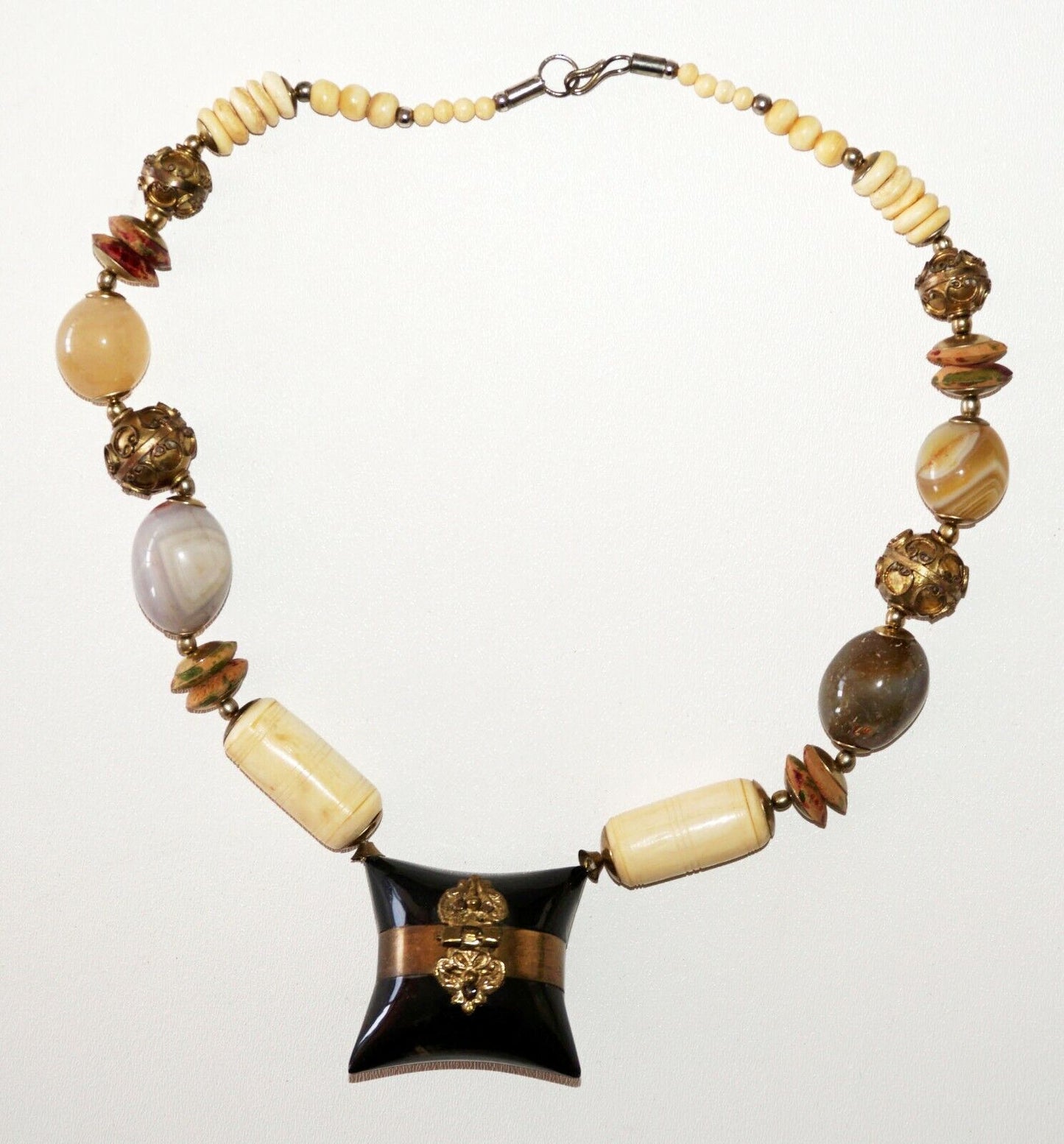 Modernist Bone Stone Brass Bead Necklace w. Resin Pillow Locket Pendant (Bsg)#39