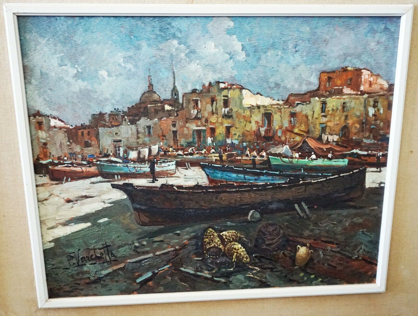 Italian Oil Painting "Fishing Village & Beached Boats" by P. Varchetta (FeO)