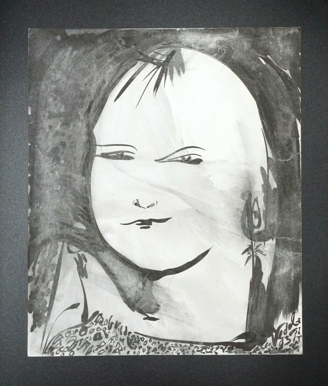France Outsider Art Ink Painting Bald Figure Portrait by Claude Vedel (EtJ)#66