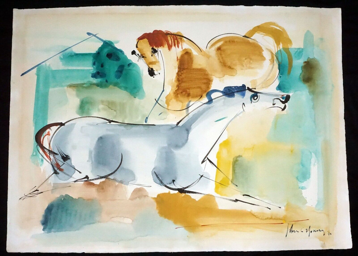 1952 Hawaii Watercolor Painting Two Horses by John C. Young (1909-1997) (CoJ)