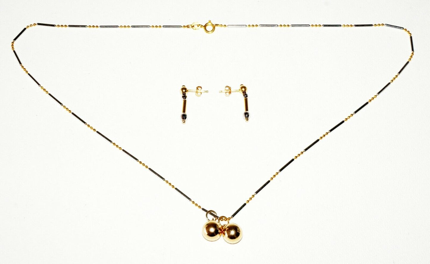 3Pc Vintage Italy 14K Yellow & White Gold Bead Necklace & Earrings Set (SaR)#188
