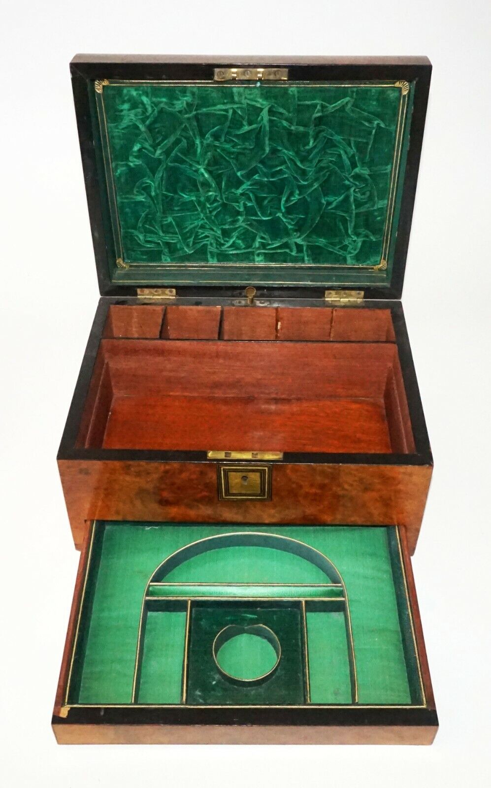 19C Irish Burl Hardwood Hinged Top Vanity Personal Chest w. Crystal Bottles(FLA)