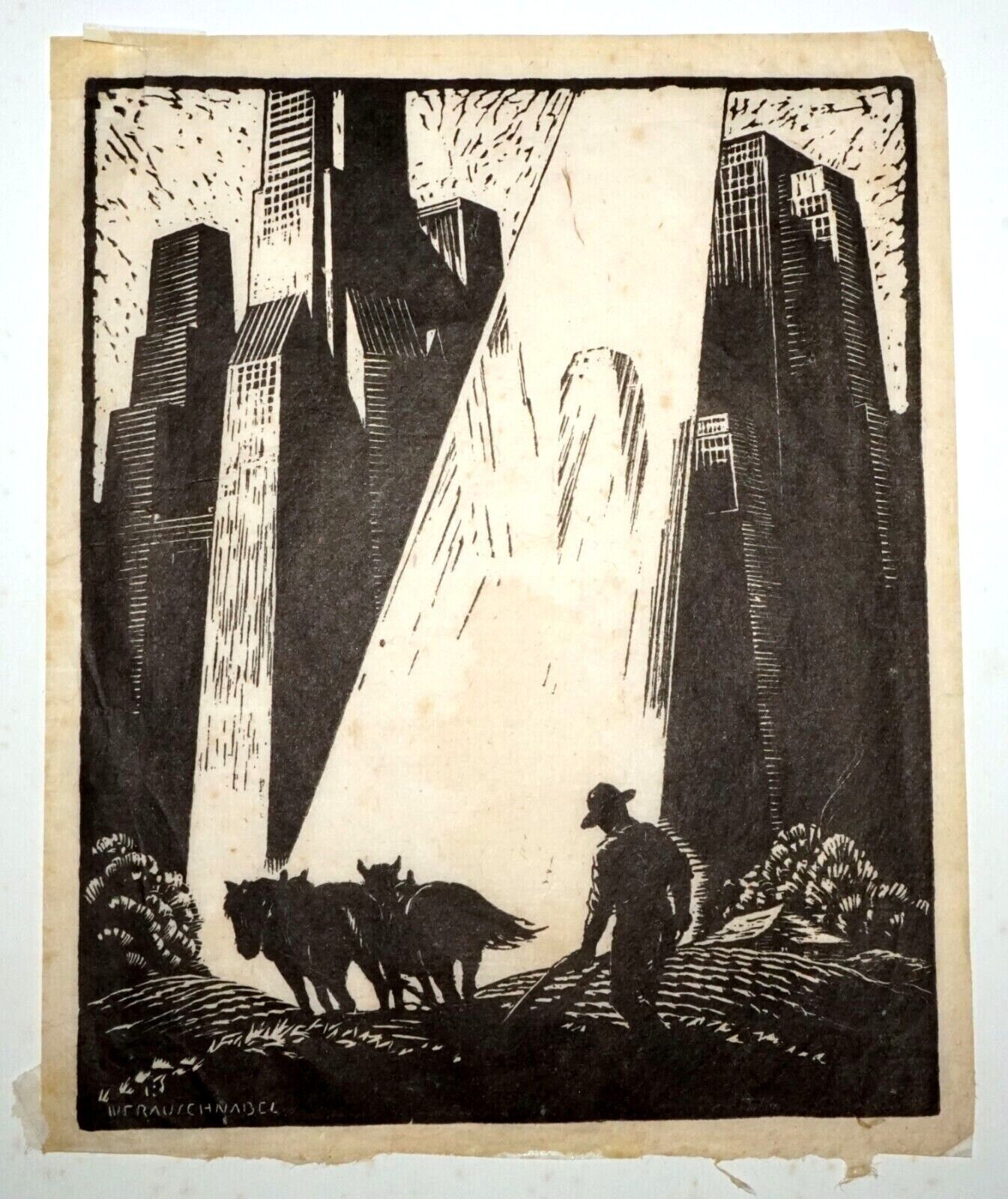 1940s US Lino Cut Print "Old & New" William Fredrick Rauschnabel (1883-1947)(FeH
