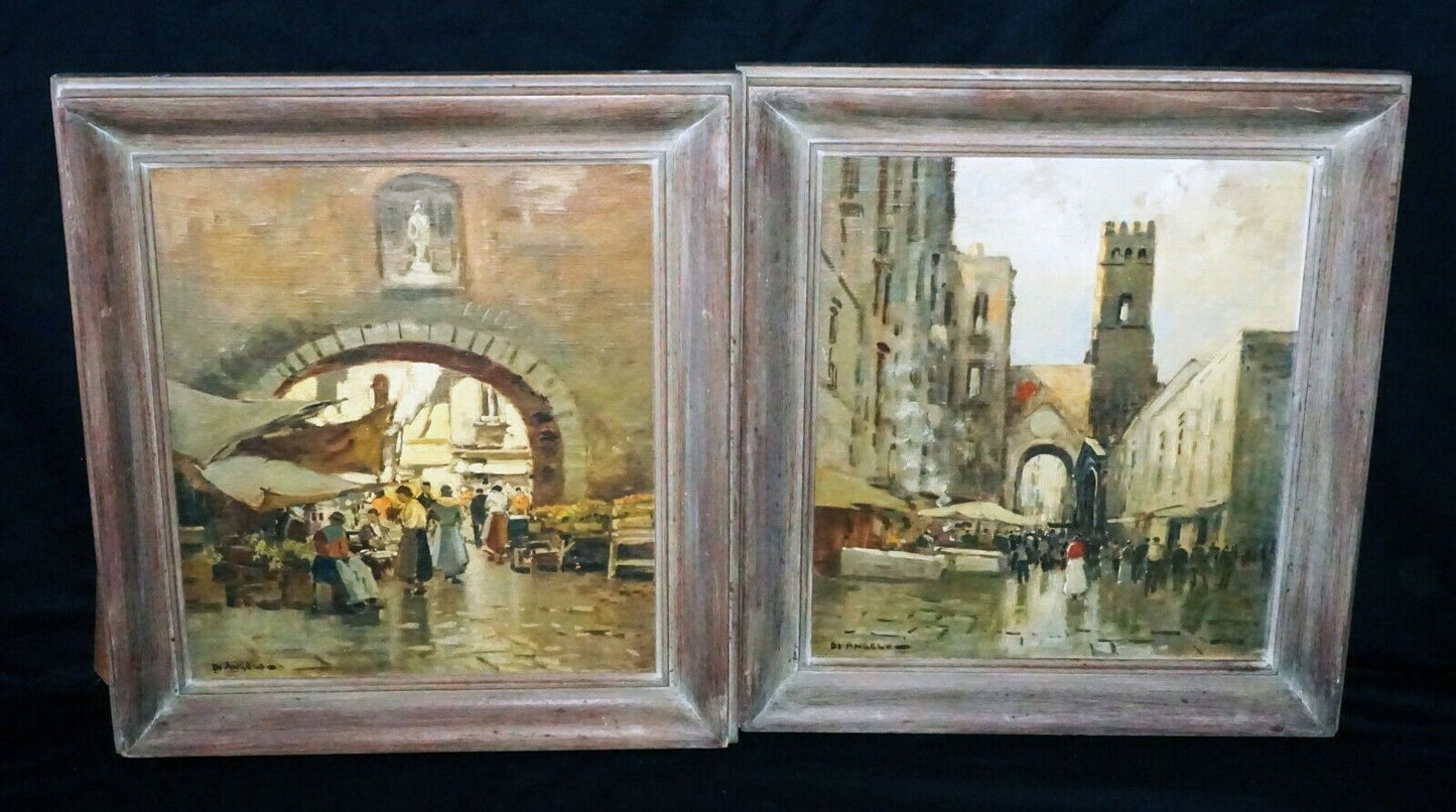 2Pc 40s Italy Oil Paintings Market Scenes by Pasquale D'Angelo (1896-1955)(MOT)