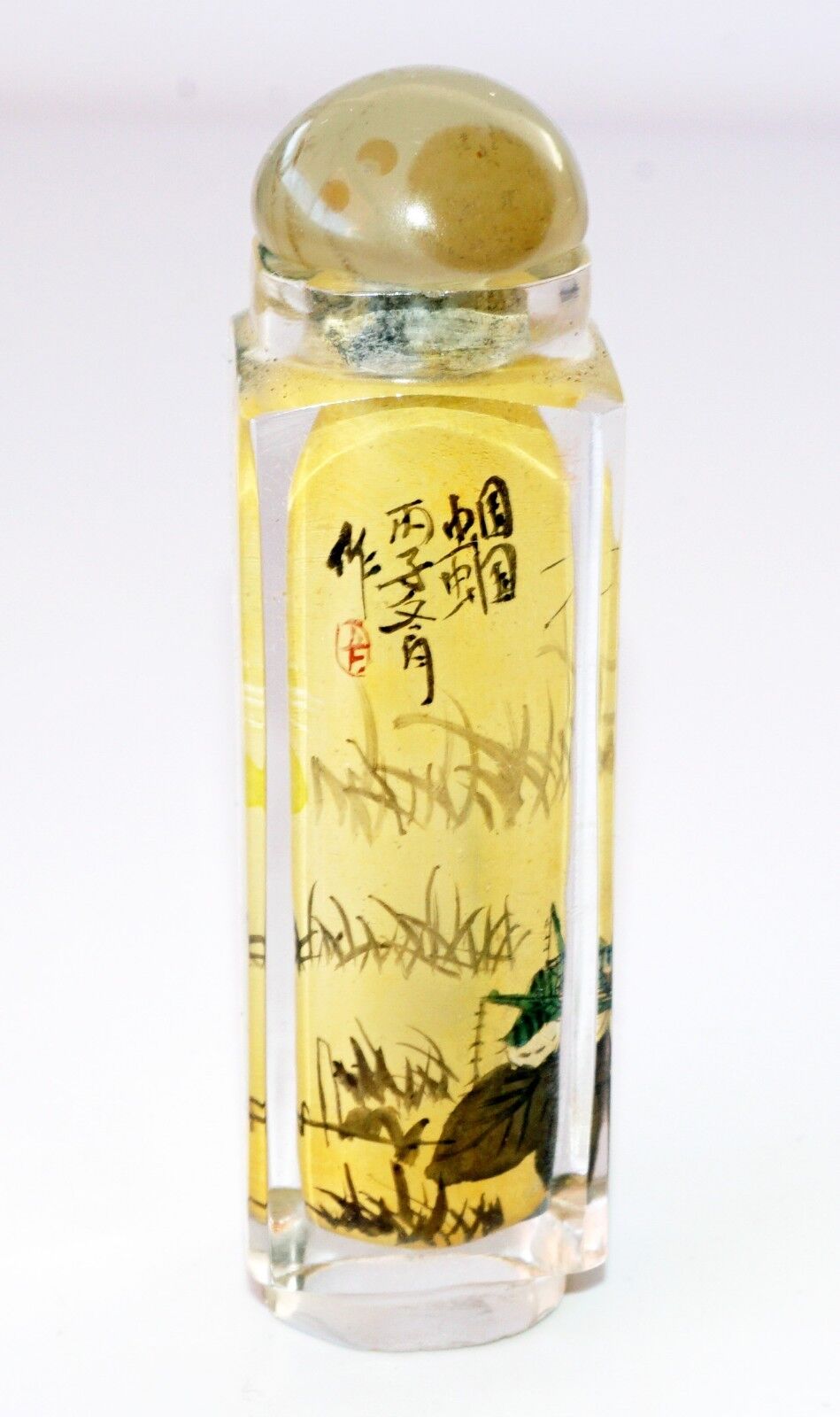 20C Chinese Square Inside Painted Glass Snuff Bottle w. Hard-stone Stop (Pal)