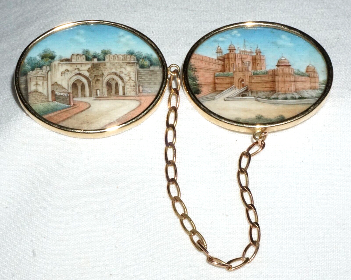 Antique 14k Yellow Gold Oval Painted Plaque w. Castle Motif Double Brooch (GeB)6