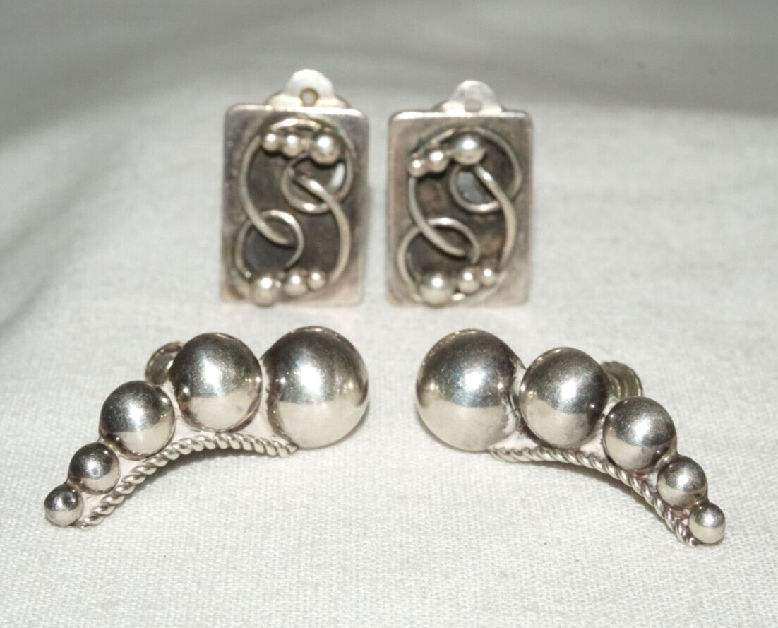 2x Pair Vintage Modernist Sterling Silver Earrings, Clips & Screw back (KoS) L12