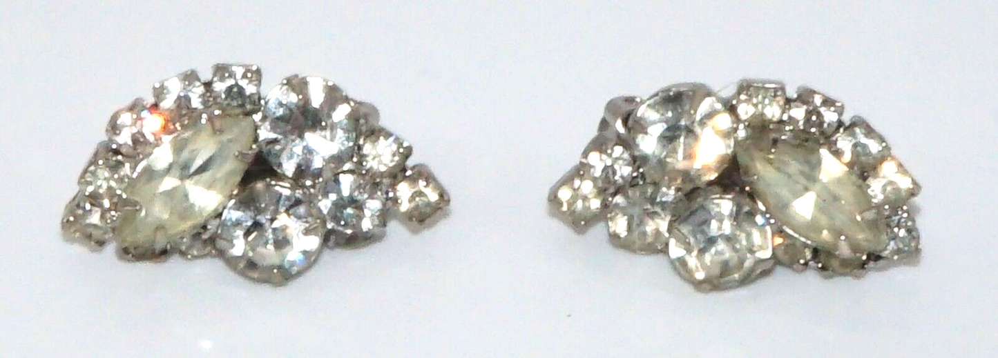 Vintage Silver tone Rhinestone Clip On Earrings w Round & Marquise Stones (McC)