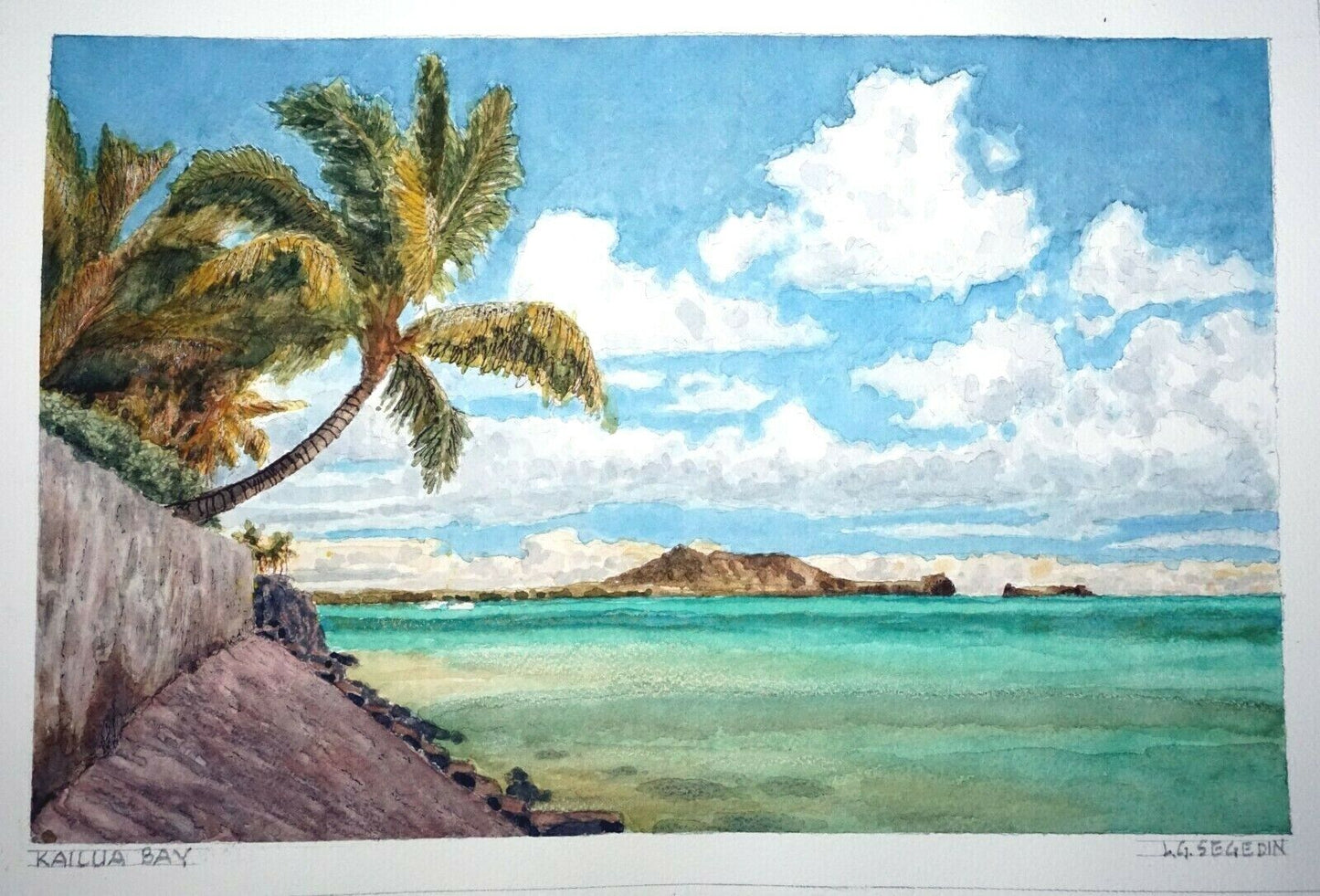 Hawaii Watercolor Painting "Palms at Kailua Bay, Oahu" by L. Segedin #154