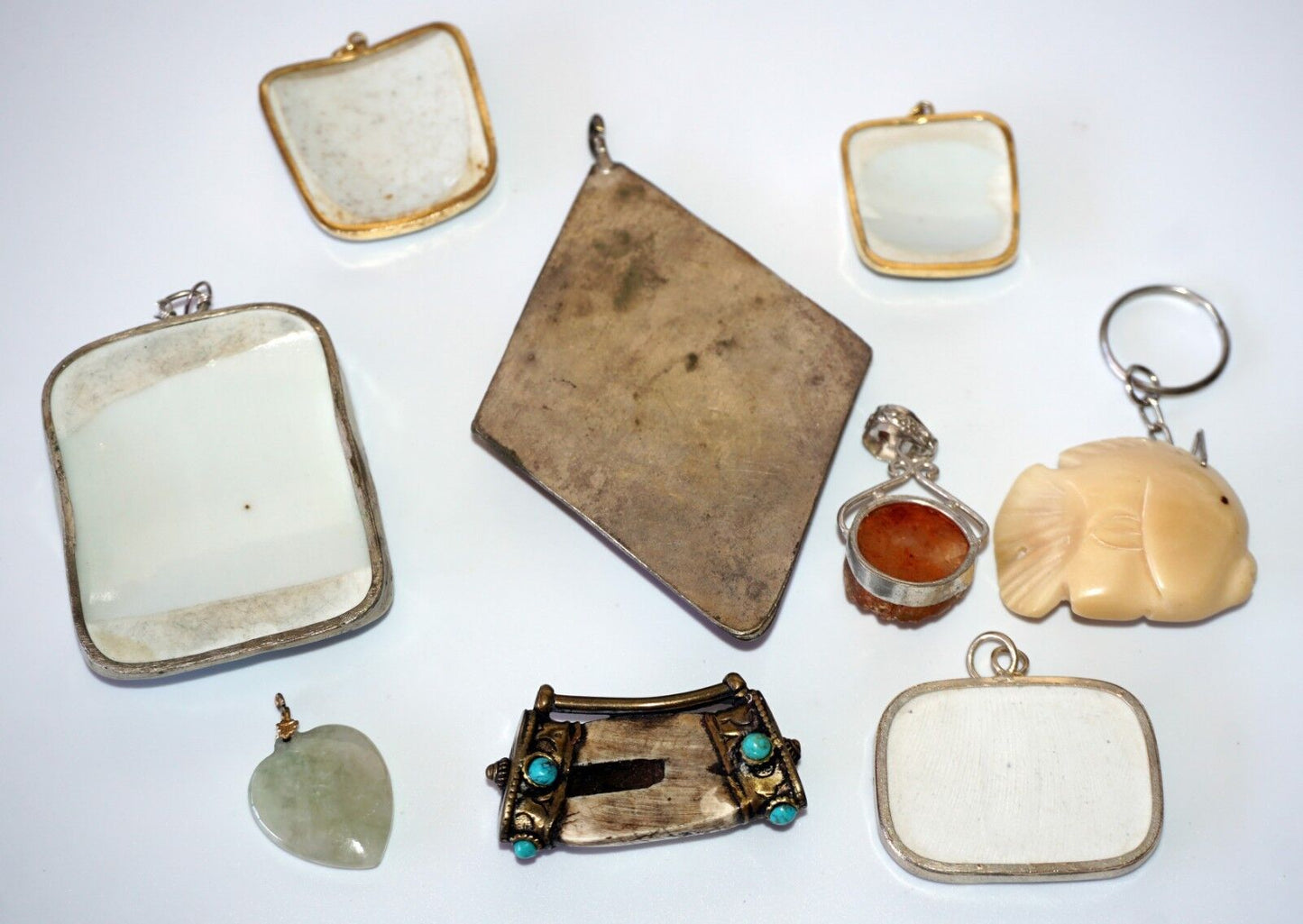9x Vintage & Antique Oriental Silver Chard & Jade Mixed Pendant Lot (Yam)#18