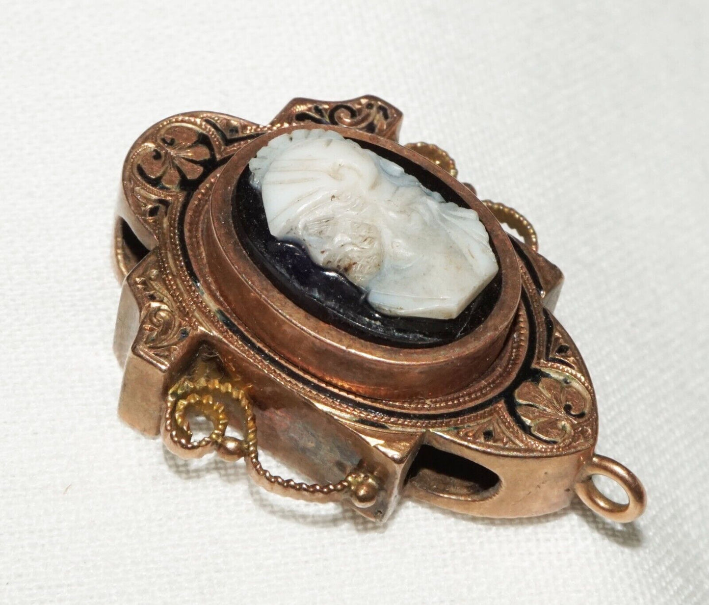 Antique Rose Gold & Black Enamel Slide Pendant w Shell Cameo Soldier Motif (AHB)