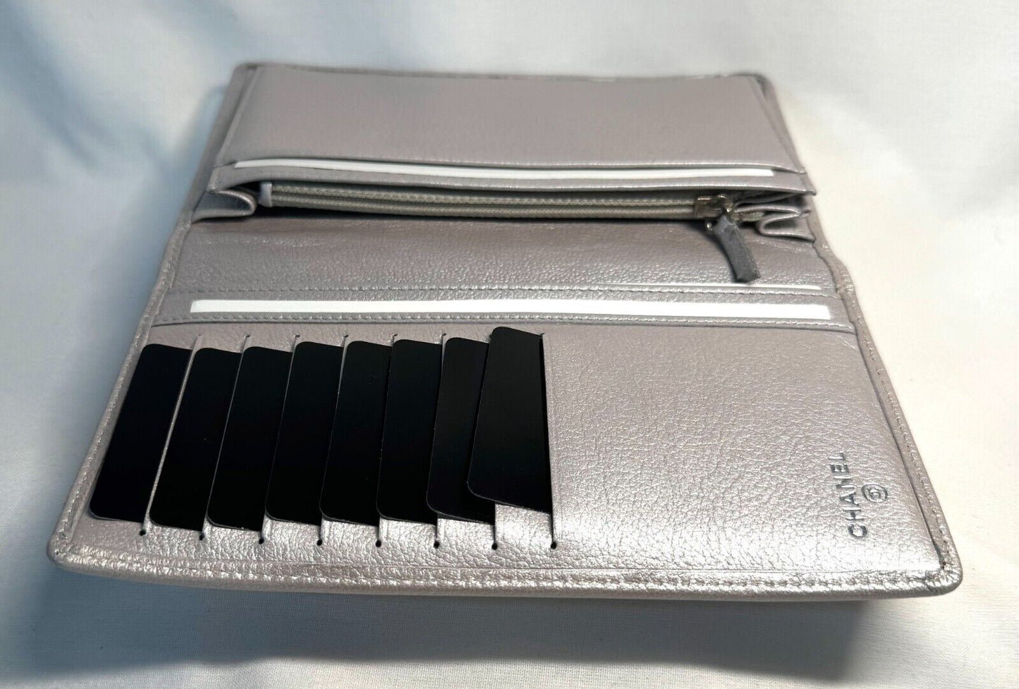 Chanel Camellia Silver Bifold Lambskin Wallet w Box, Inserts, Dust Cloth (InS)67