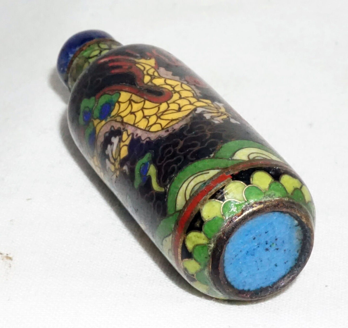 Vintage Chinese Cloisonné Snuff Bottle Writing Dragon Motif w. Sodalite (Kai)