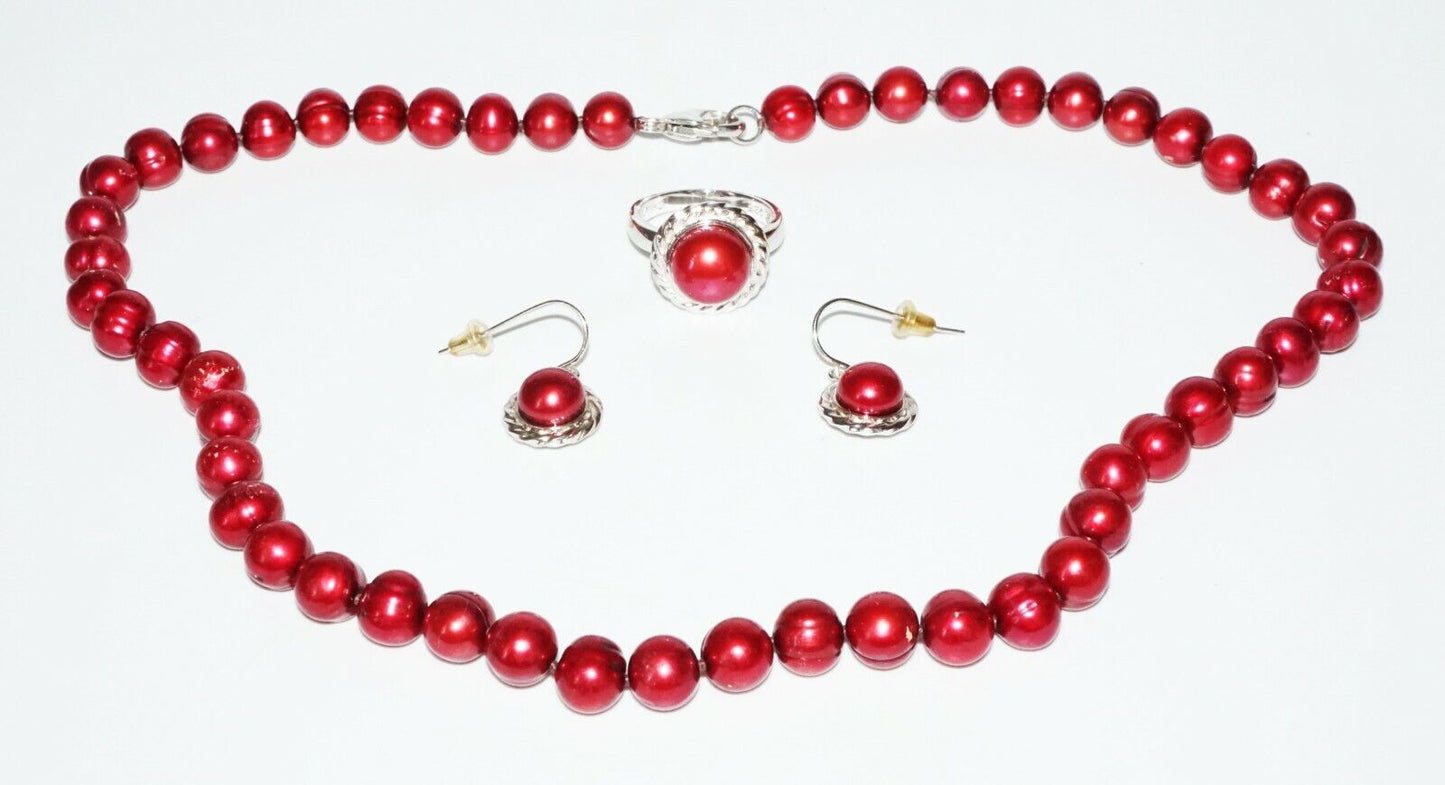 4Pc Sterling Silver & Red Pearl Necklace Ring Sz.8 & Pair Earrings Set (SaR)#441