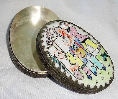 20CT Chinese oval Silver Box w. Porcelain Top "Children Motif Famile Rose (Ver)